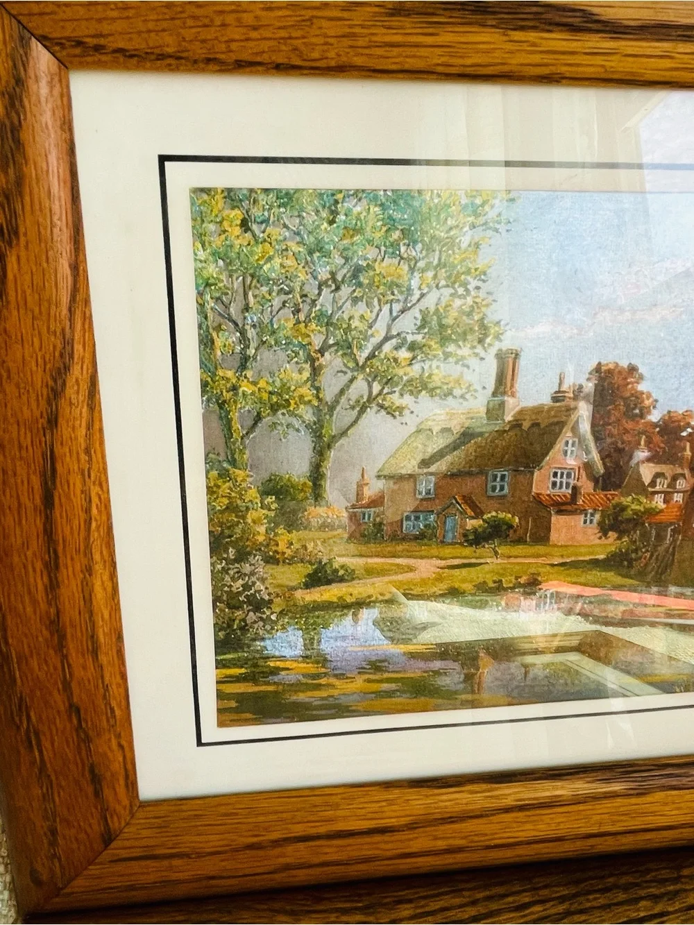 (2) Vintage MCM Foil Art Classic Oak Wood Picture Frames
